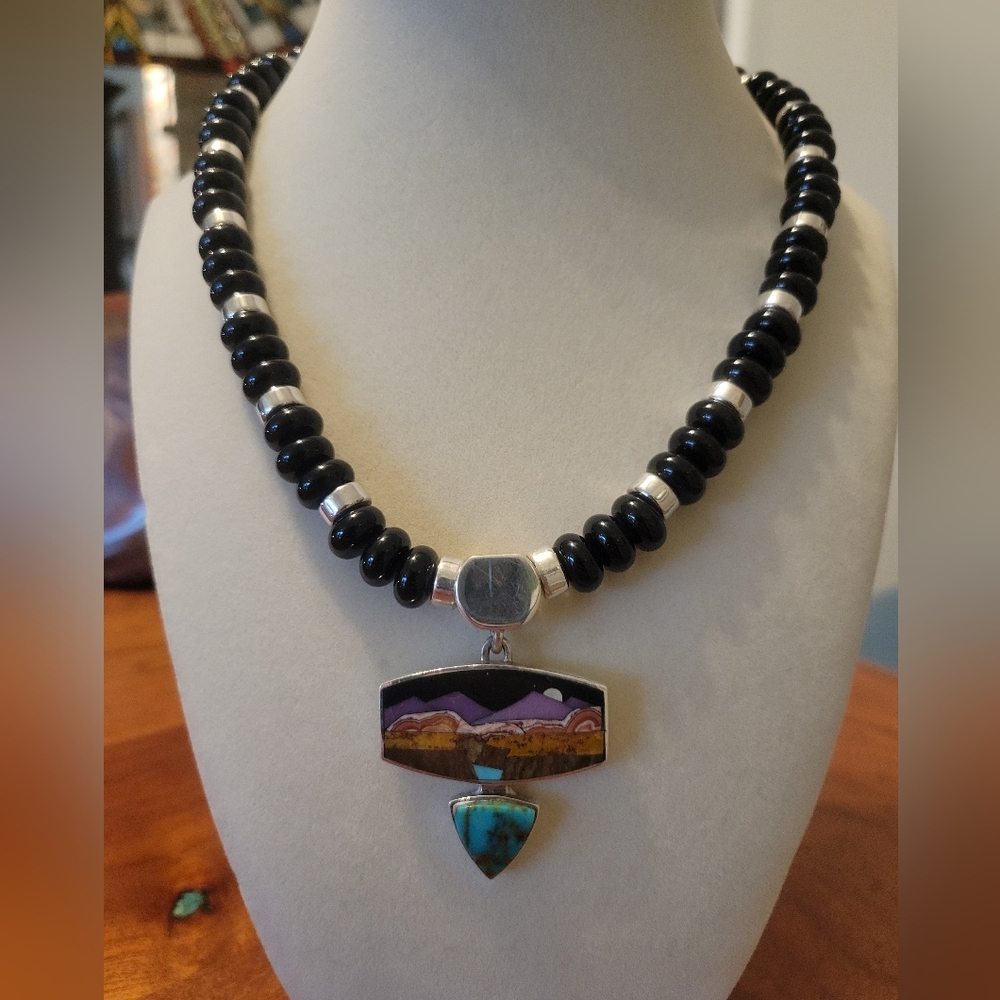 Stunning Mark Jimenez Inlaid Pendant with Beaded Necklace